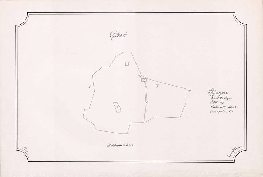 Map of Glera in Glaesibaejar district, Eyjafjord County. Scale 1:2000.