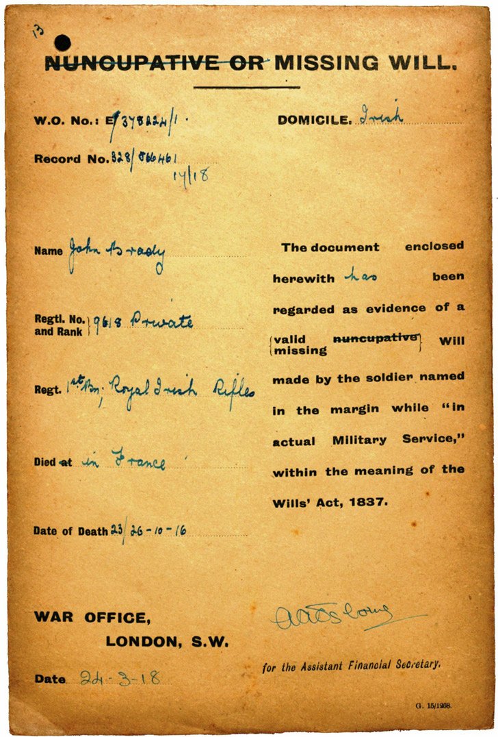 Repository name: National Archives of IrelandItem reference: NAI/CS/HC/PO/E378224/1This document is from the Soldiers' Wills collection held by the National Archives of Ireland. These are the wills of Irishmen who served in the British Army prior to Irish independence in 1922. The earliest will dates from 1856 and the majority of the collection dates from the First World War (1914–1918). The wills are of non-commissioned men who were encouraged by the army to make a will before leaving for active service. Most of the wills were made on short forms which were in the men's army service books. In cases where there were no wills, letters to friends or relatives in which the soldier stated his wish for them to receive his effects on his death were accepted in lieu of a formal will.Private John Brady served with the 1st Battalion, Royal Irish Rifles and died in action in France between 23–26 October 1916. Private Brady had not made a formal will. In a letter written to a family friend, Mrs Byrne of Navan, county Meath, he stated that ‘I have made my will in your favour so what money I don't get you will get' and this was accepted by the War Office in place of a will. Private Brady's remains were never located and his name is recorded on the Thiepval Memorial at the Somme.There are 9,244 records in the Soldiers' Wills collection and the National Archives of Ireland has made them available free online to mark the centenary of the First World War.Private Brady's PDFPrivate Brady's entry on the Soldiers' Wills websitePrivate Brady' entry on the Commonwealth War Graves website