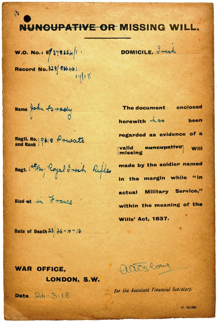 Repository name: National Archives of IrelandItem reference: NAI/CS/HC/PO/E378224/1This document is from the Soldiers' Wills collection held by the National Archives of Ireland. These are the wills of Irishmen who served in the British Army prior to Irish independence in 1922. The earliest will dates from 1856 and the majority of the collection dates from the First World War (1914–1918). The wills are of non-commissioned men who were encouraged by the army to make a will before leaving for active service. Most of the wills were made on short forms which were in the men's army service books. In cases where there were no wills, letters to friends or relatives in which the soldier stated his wish for them to receive his effects on his death were accepted in lieu of a formal will.Private John Brady served with the 1st Battalion, Royal Irish Rifles and died in action in France between 23–26 October 1916. Private Brady had not made a formal will. In a letter written to a family friend, Mrs Byrne of Navan, county Meath, he stated that ‘I have made my will in your favour so what money I don't get you will get' and this was accepted by the War Office in place of a will. Private Brady's remains were never located and his name is recorded on the Thiepval Memorial at the Somme.There are 9,244 records in the Soldiers' Wills collection and the National Archives of Ireland has made them available free online to mark the centenary of the First World War.Private Brady's PDFPrivate Brady's entry on the Soldiers' Wills websitePrivate Brady' entry on the Commonwealth War Graves website