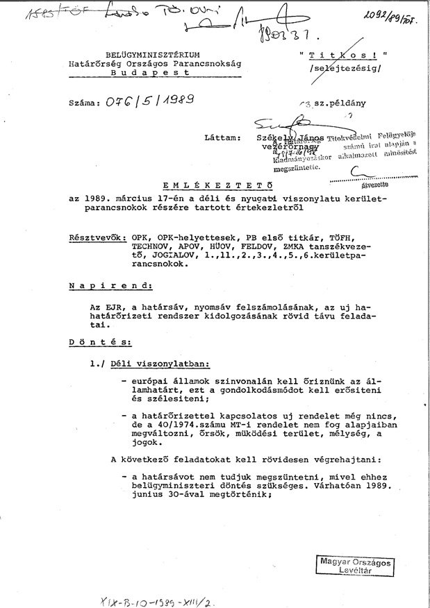MNL OL – XIX–B–10–1989–XIII–2(NAH)Circa 18 March.Memo of conference of the National Headquarters of the Border Guard about the details of the removal of the border fence. (1/4)