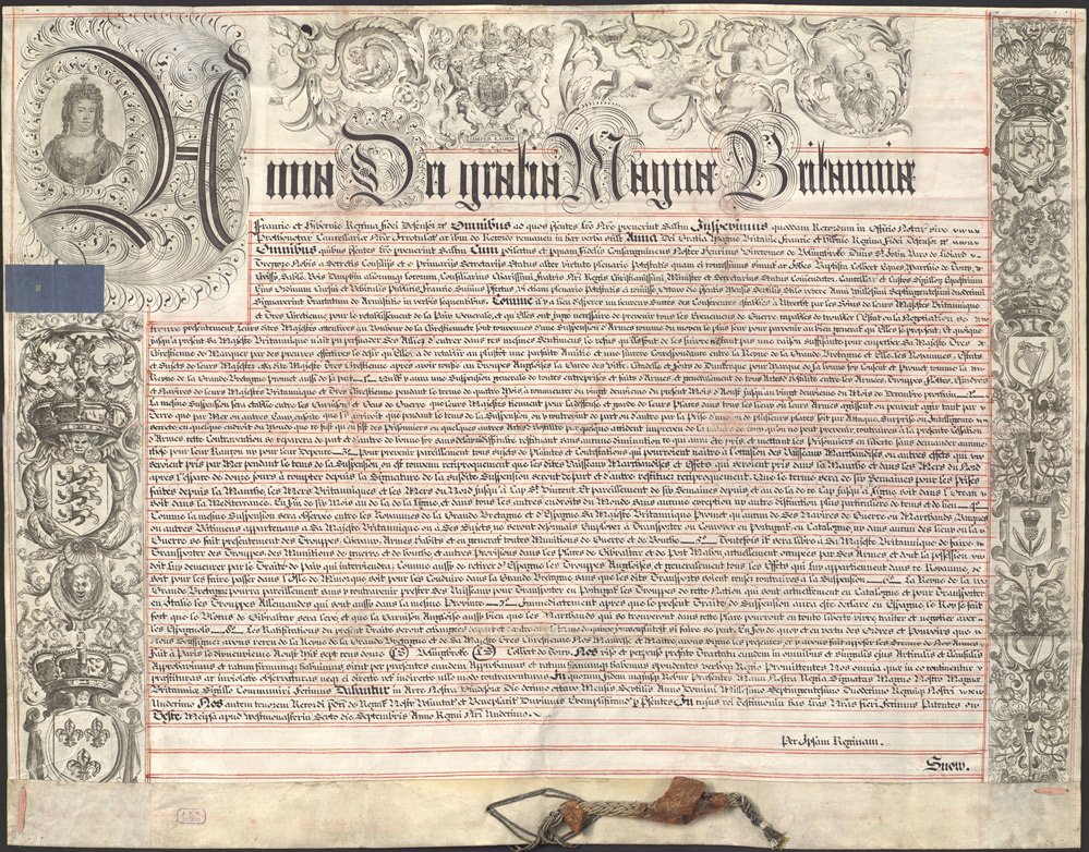 AHN, Estado, MPD.1107
Treaty of Friendship and Truce adjusted between France and England, including Spain, ended in Paris on August 19th, 1712 and ratified by H. M. on November 1st of that year. Parchment. 940 x 730 mm.

